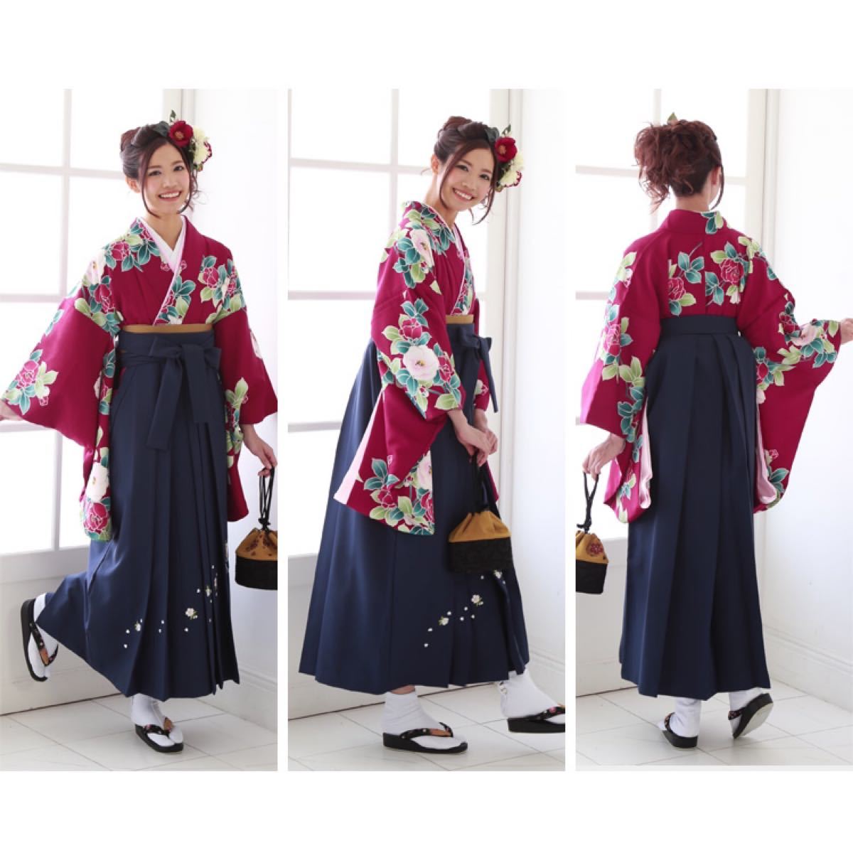 卒業式 袴4点セット 赤紫地に紅白の金刺繍椿0208 4