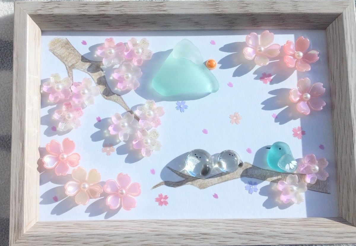 完売品 ⑥ シーグラスアート シマエナガ 桜 富士山 ヒーリング 完売品 ⑥ シーグラスアート シマエナガ 桜 富士山 ヒーリング