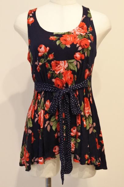 Twentyonetuenti one tank top ribbon floral print navy x red blouse M size bnbi k2h0125*