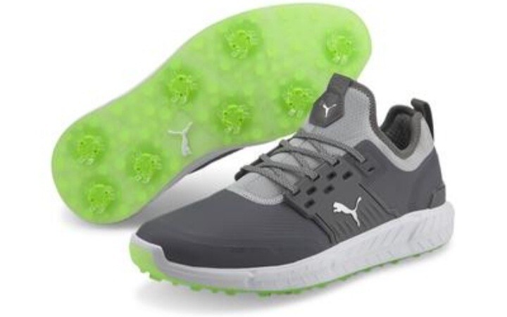 最値!新品!定17600円!完売ネオンソール!プーマ(PUMA)イグナイト高級ゴルフ シューズ!チャコールグレー×ホワイト!灰色白 25.5cm 箱付き