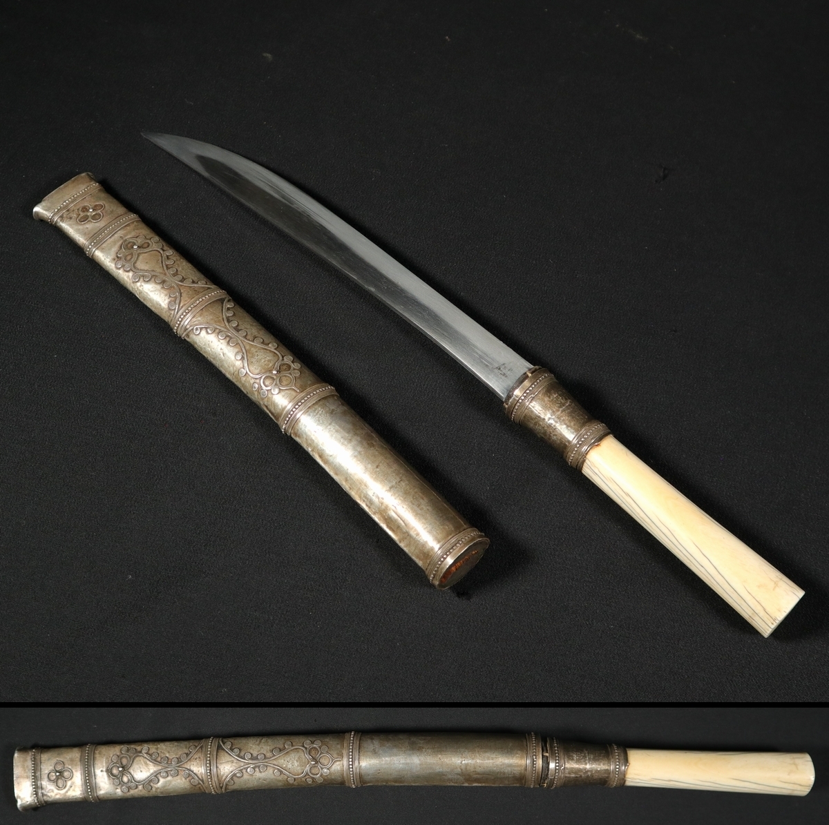 人気商品ランキング 大珍品!大型ナイフ 全長430mm 銀金具骨柄 銀製超絶編み込み紋様 その他