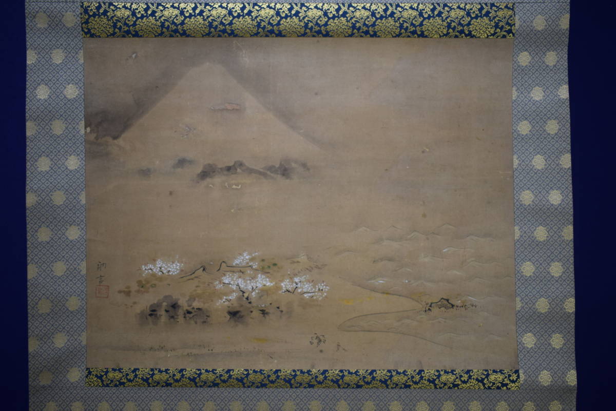 真作】/田中納言/春/富士山と海岸の人家/布袋屋掛軸HH-98 商品 真作】/田中納言/春/富士山と海岸の人家/布袋屋掛軸HH-98 商品
