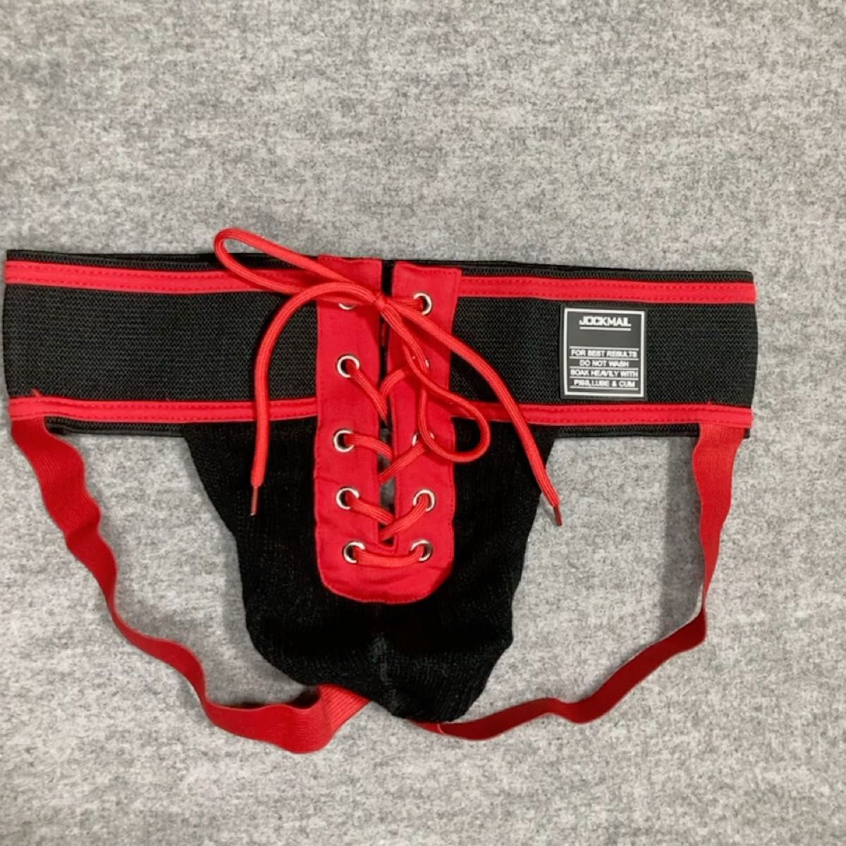 【JOCKMAIL】ジョックストラップ(ケツワレ) レッド ブラック 前面開口 紐付き Mサイズ