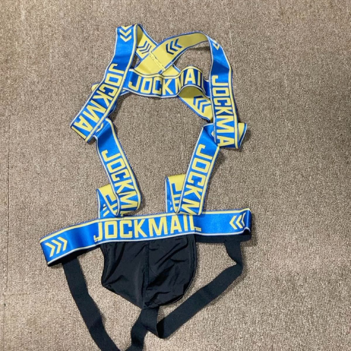 【JOCKMAIL】ハーネス付きジョックストラップ(ケツワレ) ブルー イエロー サラサラ素材 Mサイズ