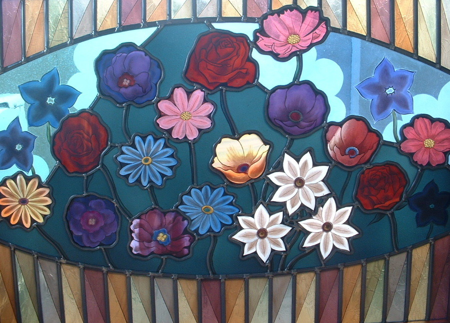 ステンドグラス 絵付けパネル 花壇の中の花宇宙