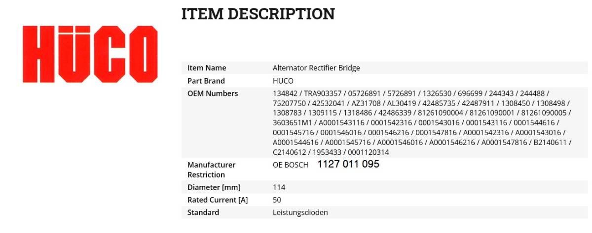 HUCO Bosch タイプ　レクチファイヤー1127 011 095_画像2