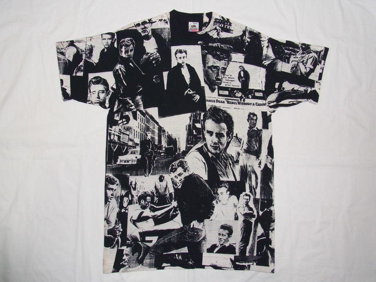 ☆美品・未着用☆ 90s USA製 ビンテージ JAMES DEAN ジェームズ・ディーン 手刷り 総柄 Tシャツ sizeL 黒 ☆古着 映画 モスキートヘッド_画像1