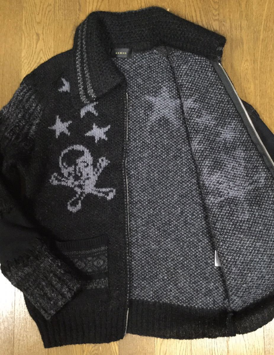 良品「ARMED」星×スカル柄 つぎはぎデザイン ダブルジップアップ ニットジャケット Black SIZE:2/S-M相当 日本製