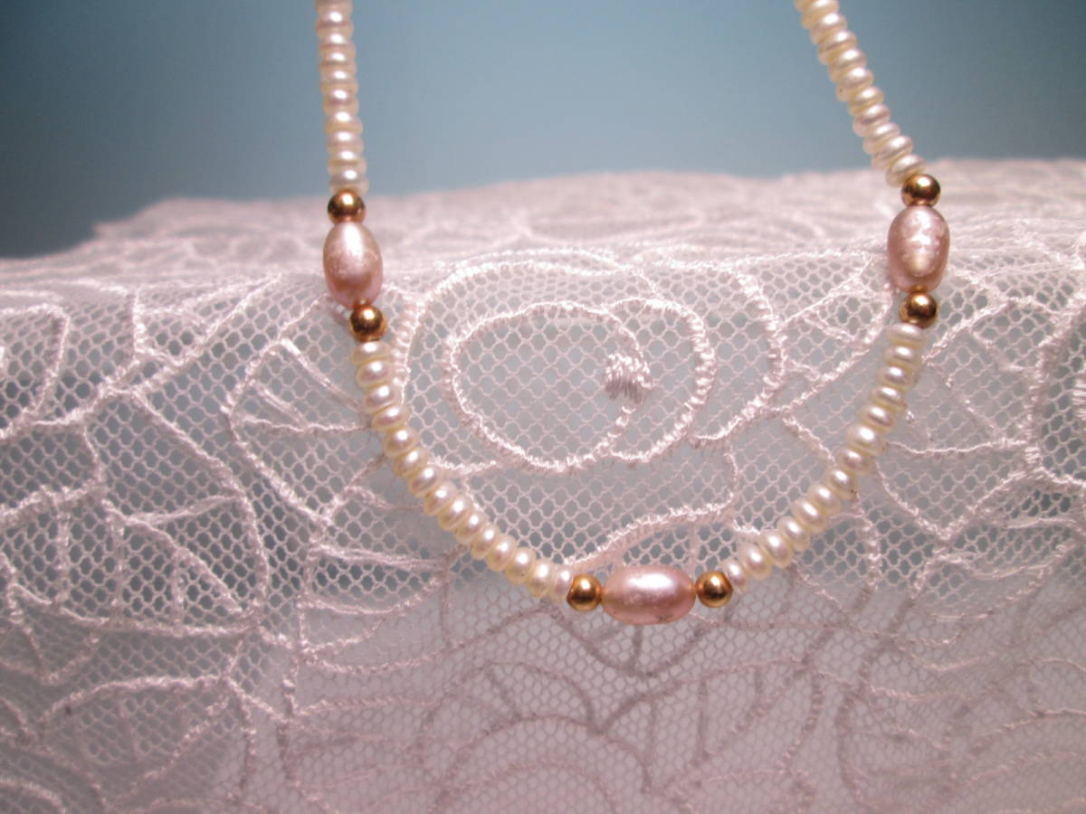 ☆K18 本真珠 芥子パール＆淡水真珠のデザインネックレス ケース付 真珠