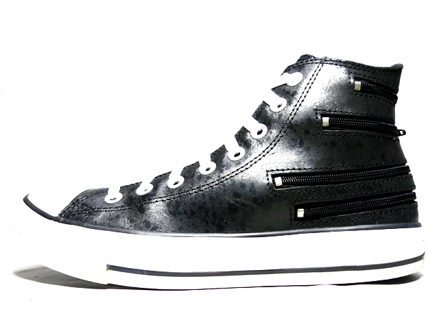 即決★CONVERSE★26cm レザーハイカットスニーカー コンバース メンズ 7.5 黒 ブラック 本皮 ジッパー 8ホールシューズ 本革 オールスター