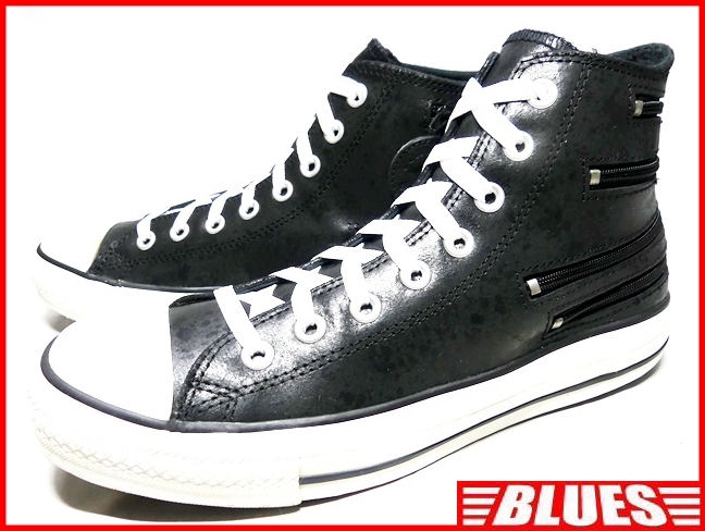 即決★CONVERSE★26cm レザーハイカットスニーカー コンバース メンズ 7.5 黒 ブラック 本皮 ジッパー 8ホールシューズ 本革 オールスター