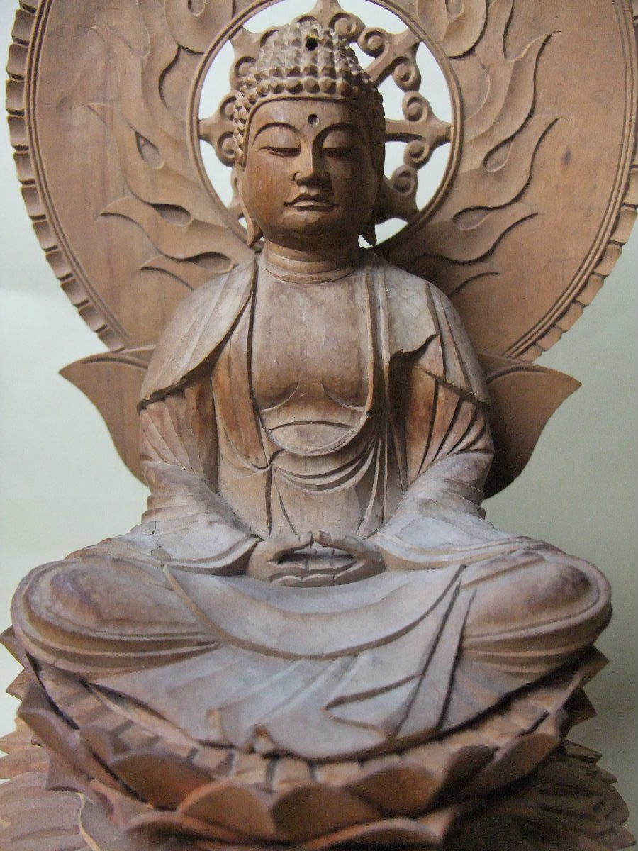 【睦】天然木 六角台座 手彫りの釈迦陀如来 坐像 骨董 仏教美術■_画像9