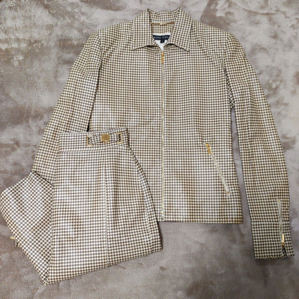 Ralph Laurenラルフローレン セットアップ ジャケット スカート 羊革 千鳥格子 ラムレザー スカートスーツ