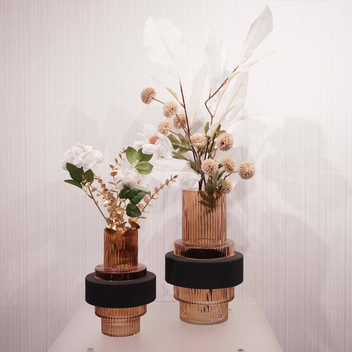 輸入品 フラワーベース ガラス 2個セット 造花付き 花瓶 モダン 輸入品 フラワーベース ガラス 2個セット 造花付き 花瓶 モダン
