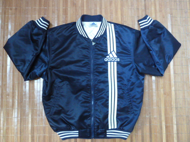 USED 1990年代 日本製 DESCENTE adidas サテン地 スタジアムジャンパー オーバーサイズ S-M NYV/WHT