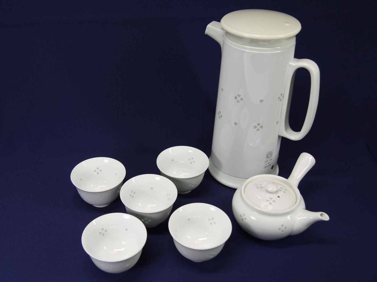 有田焼（しん作）　茶器セット（湯飲み5脚、急須1脚、魔法瓶1箇）　白磁・磁器　透かし入　伝統工芸　日本製　家庭・業務用　未使用新品