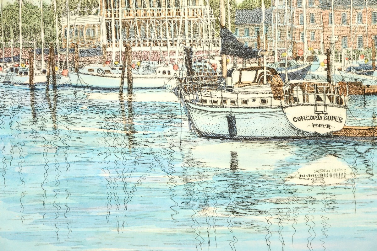 真作 織田義郎 銅版画手彩色「New Port Ⅱ」画寸32×22.5cm 東京 真作 織田義郎 銅版画手彩色「New Port Ⅱ」画寸32×22.5cm 東京