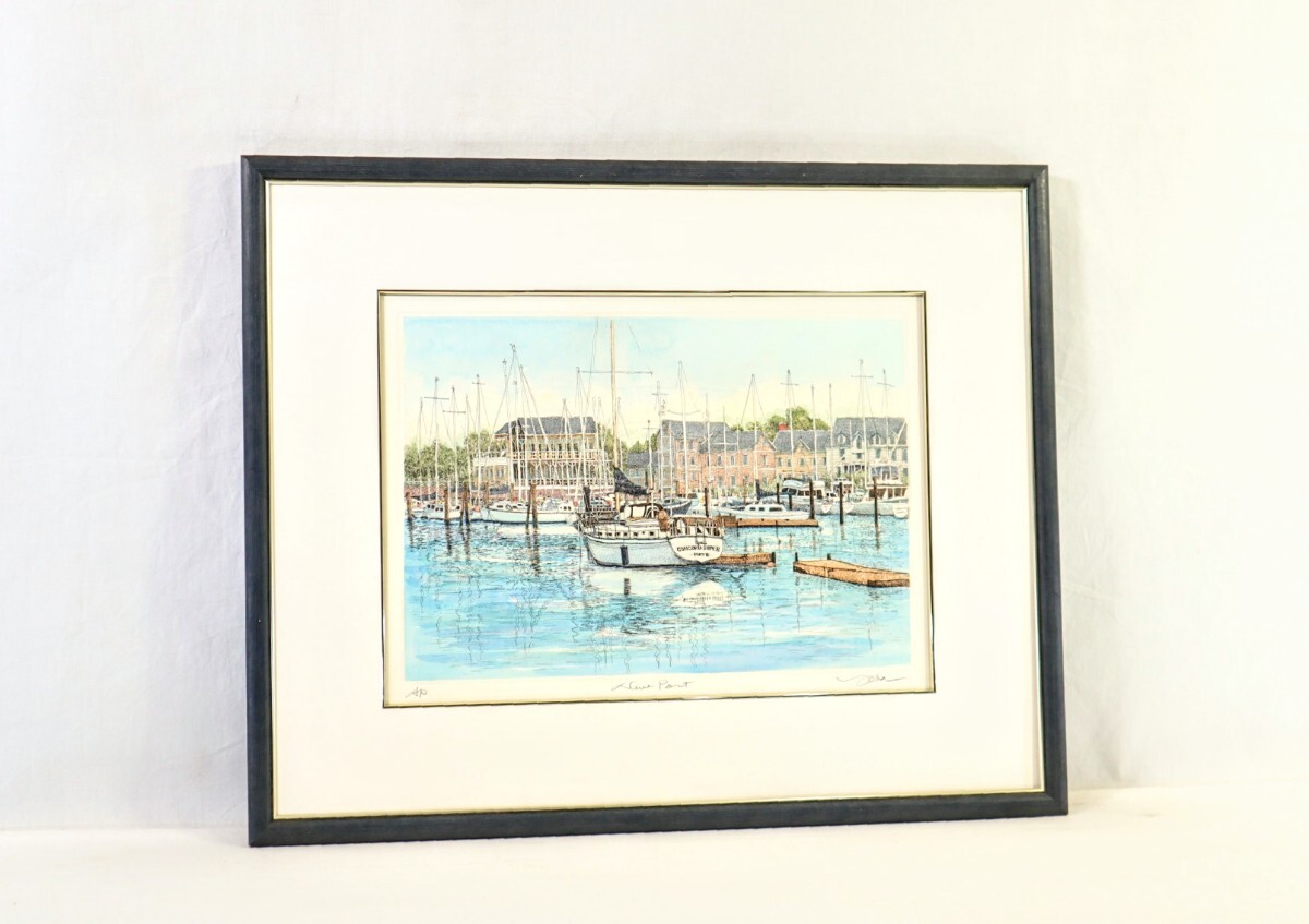 真作 織田義郎 銅版画手彩色「New Port Ⅱ」画寸32×22.5cm 東京 真作 織田義郎 銅版画手彩色「New Port Ⅱ」画寸32×22.5cm 東京