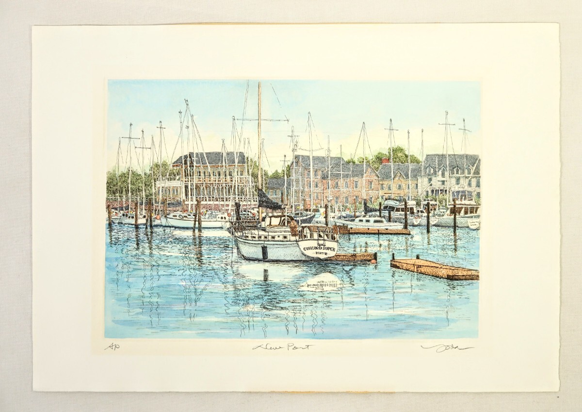 真作 織田義郎 銅版画手彩色「New Port Ⅱ」画寸32×22.5cm 東京 真作 織田義郎 銅版画手彩色「New Port Ⅱ」画寸32×22.5cm 東京