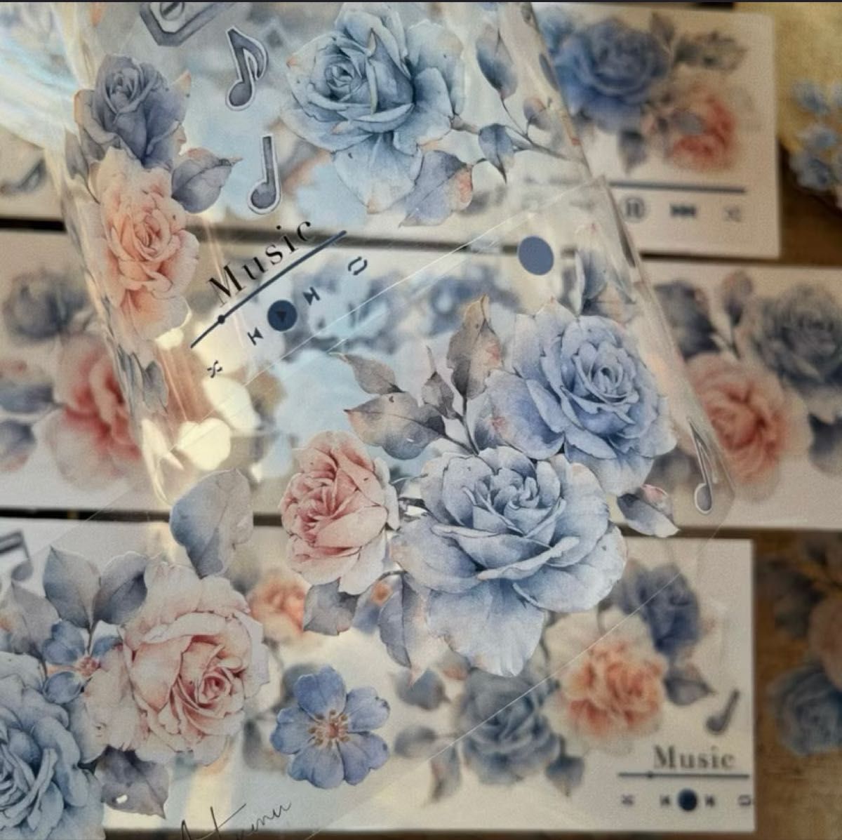 【No2190】台湾マステ・インクブルーこうしん薔薇PETテープ・1ループ・切り売り・ロングループ6cm×120cmコラージュ素材