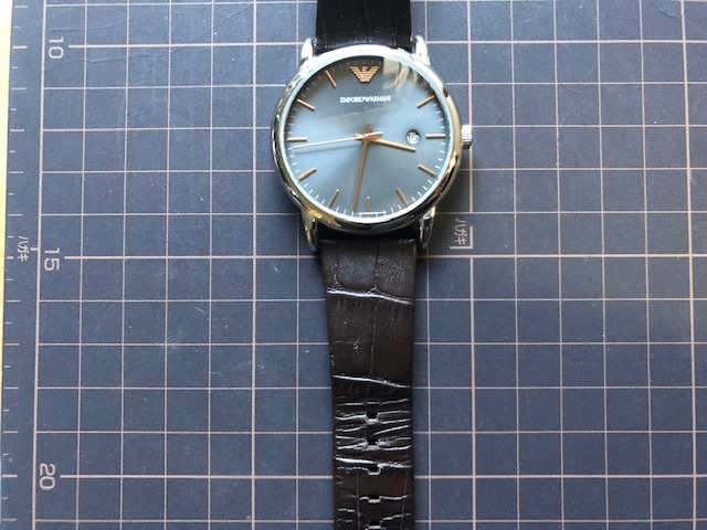 良品程度 EMPORIO ARMANI エンポリオアルマーニ デイト グレー系ダイアル AR-1996 純正ブラウン革ベルト クオーツ メンズ 腕時計_画像3