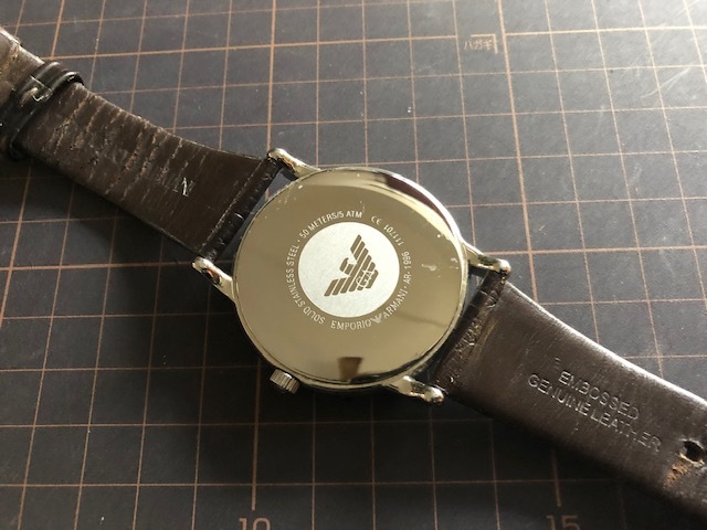 良品程度 EMPORIO ARMANI エンポリオアルマーニ デイト グレー系ダイアル AR-1996 純正ブラウン革ベルト クオーツ メンズ 腕時計_画像6