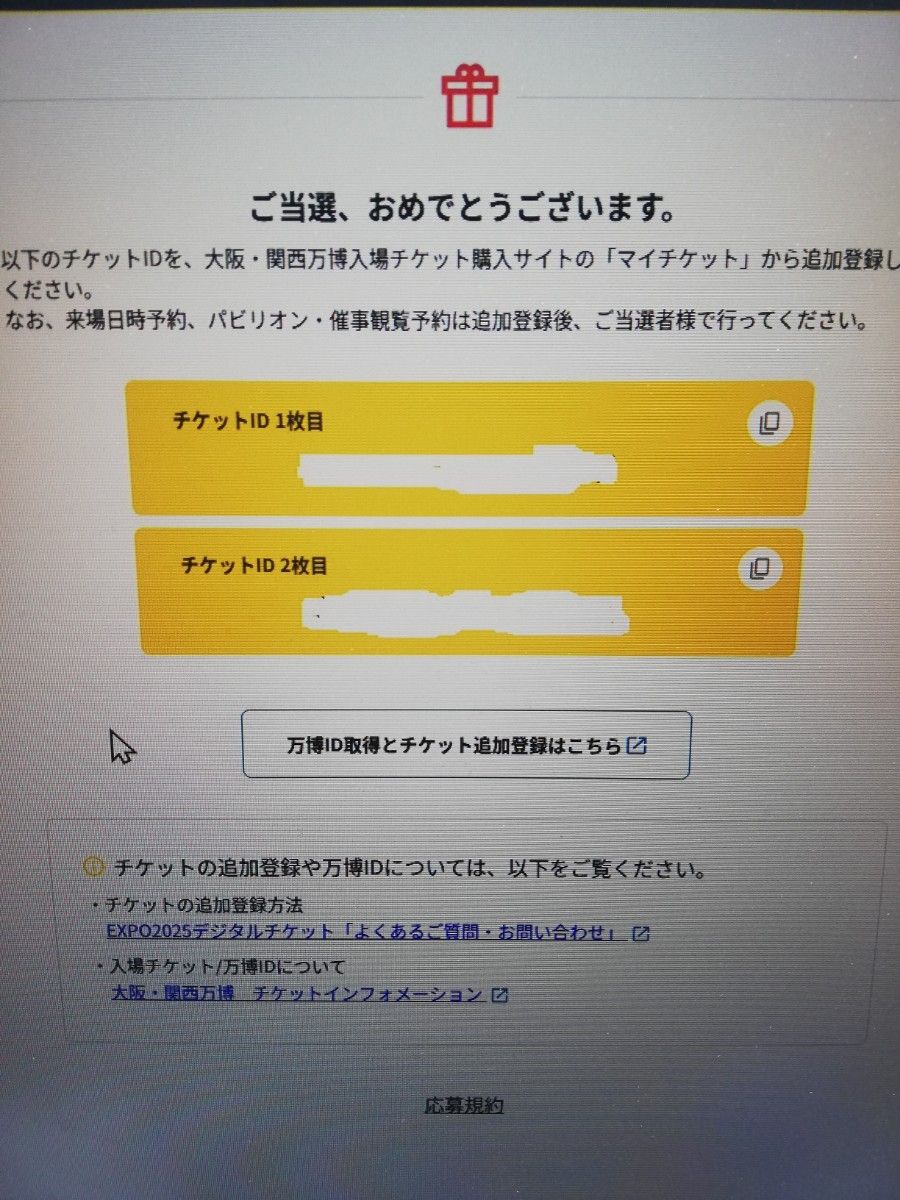 大阪万博　入場券2枚　大人一日券　チケットID