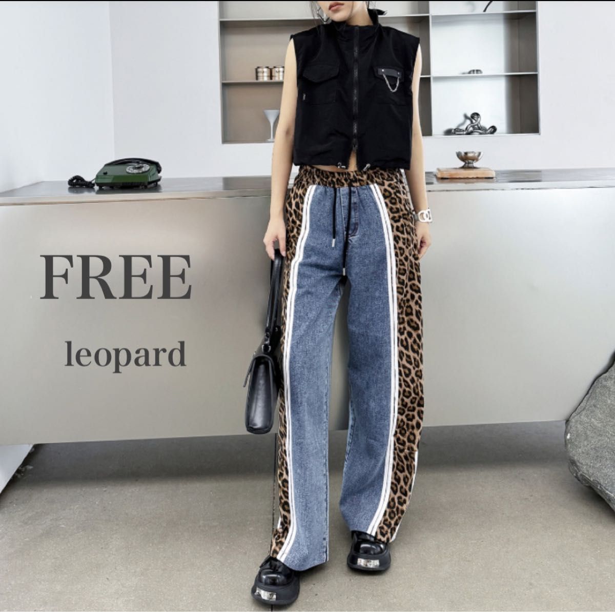 デニムパンツ ヒョウ柄パンツ サイドライン 豹柄 バイカラー デニムパンツ ヒョウ柄パンツ サイドライン 豹柄 バイカラー
