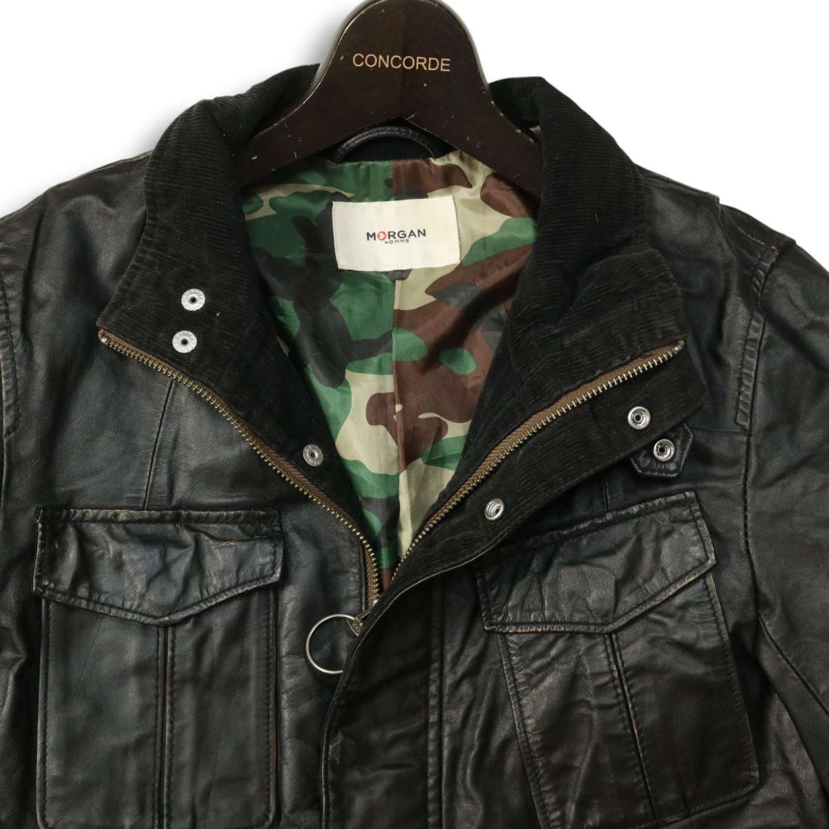 MORGAN HOMME モルガン オム 秋冬 馬革★ M-65 ホース ハイド レザー ミリタリー フィールド ジャケット Sz.M　メンズ 黒　I4T04308_C#N