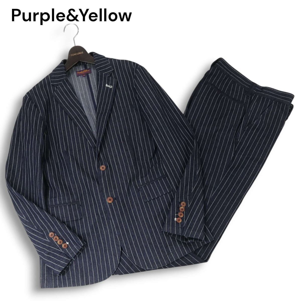 Purple&Yellow パープル&イエロー 通年 ストライプ デニム ジャケット&パンツ セットアップ スーツ Sz.M　メンズ ネイビー　I4T04341_C#O