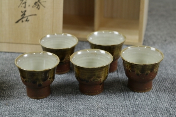 高取焼 玉露煎茶器 急須 湯呑 湯冷まし 共箱 美品_画像3