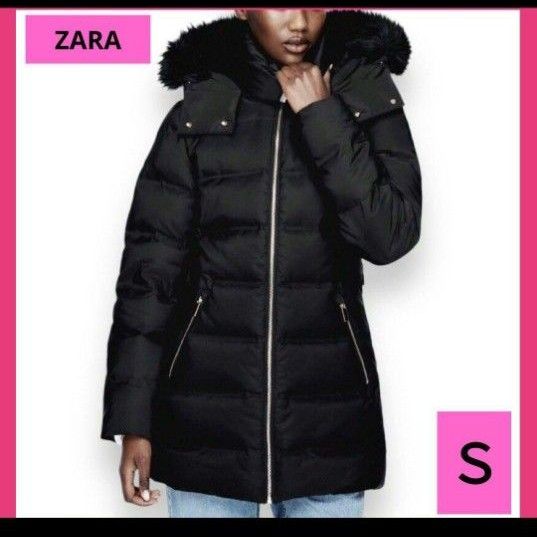 新品未使用 ZARA セミロング丈フード付きダウンジャケット 黒 S 新品未使用 ZARA セミロング丈フード付きダウンジャケット 黒 S