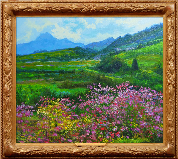 ## Shinshu. scenery oil painting ..... Cosmos F8 number (131) free shipping ##