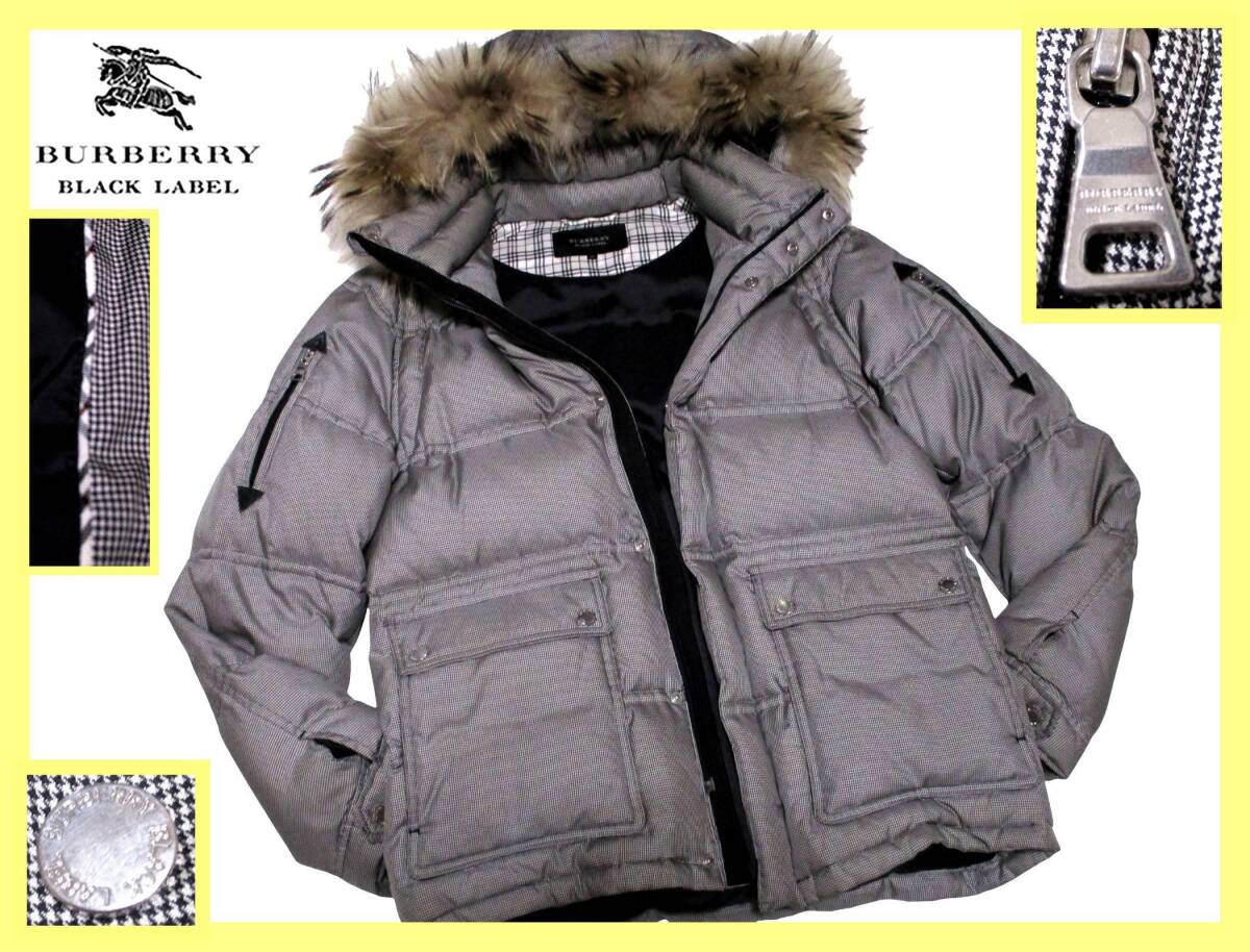 美品 バーバリーブラックレーベル BURBERRY BLACKLABEL 襟首ノバチェック フル千鳥格子デザイン タヌキファー 6WAY ダウンジャケット M