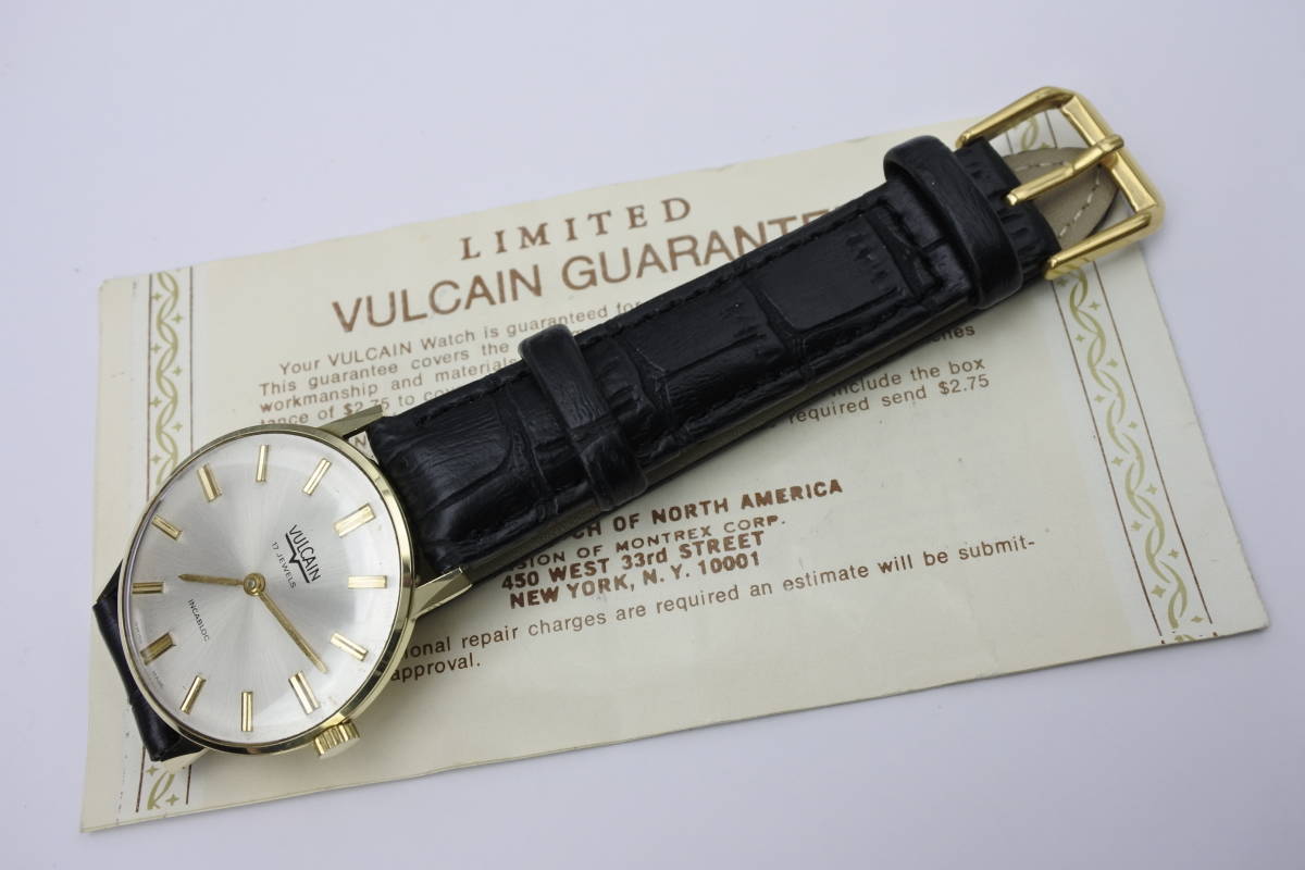 ☆☆☆K14金製1960～70年年代スイス名機 ヴァルカン VULCAIN１７石 手巻紳士腕時計　高級品　社外品　ベルト　稀少価値ある　極珍未使用品