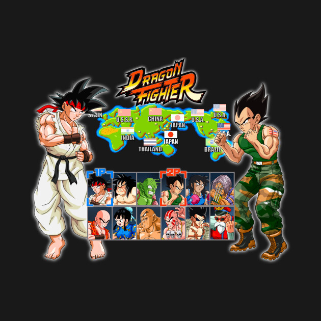 【Tシャツ】　DRAGON FIGHTER　ストⅡ　ストリートファイター　ドラゴンボール　ブラック　S／M／L／XL