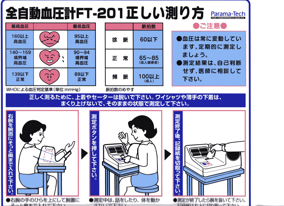 全自動電子血圧計/パラマテック/FT-201/音声ガイド/案内板,プリンタペーパー 3 巻,電源ケーブル付/美品/送料無料/Parama-Techの画像9