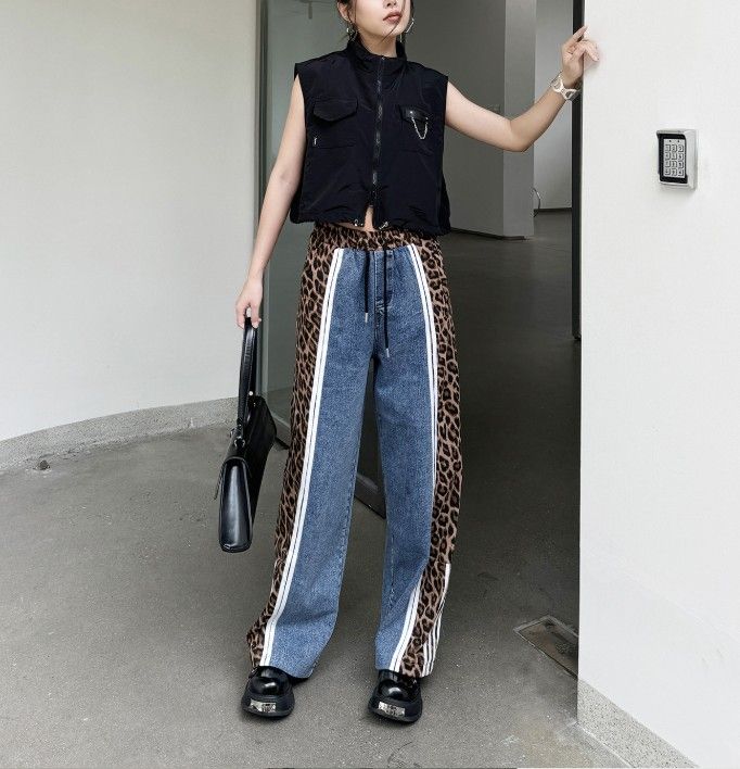 デニムパンツ ヒョウ柄パンツ サイドライン 豹柄 バイカラー デニムパンツ ヒョウ柄パンツ サイドライン 豹柄 バイカラー