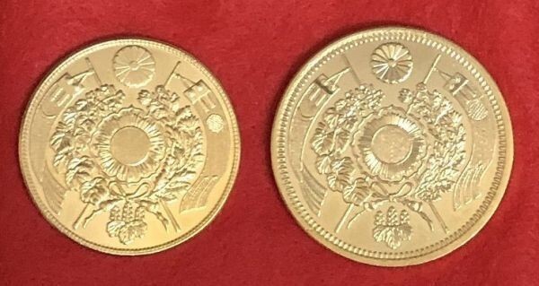 * Meiji 3 year gold coin 2 sheets . boxed old 20 jpy old 10 jpy 