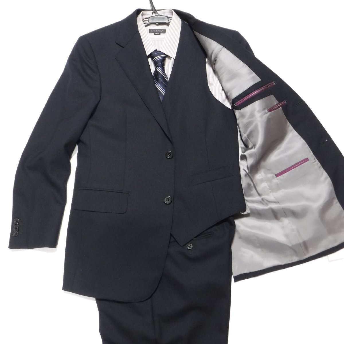 JK185 有名百貨店 高級 新品 日本製 紺 ウール100% スリーピーススーツ 秋冬物 42 ネイビー 高級紳士メーカー OHGA 大賀製 XS 総裏地 就活