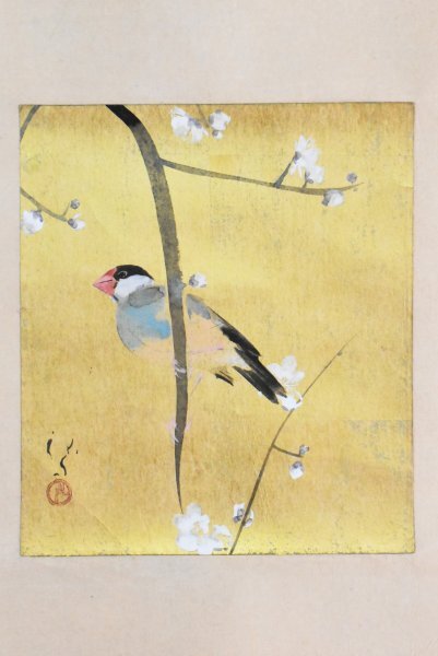 K4923 模写 川端龍子「梅に文鳥」 絹本 合箱 俳人 小禽 日本画 K4923 模写 川端龍子「梅に文鳥」 絹本 合箱 俳人 小禽 日本画