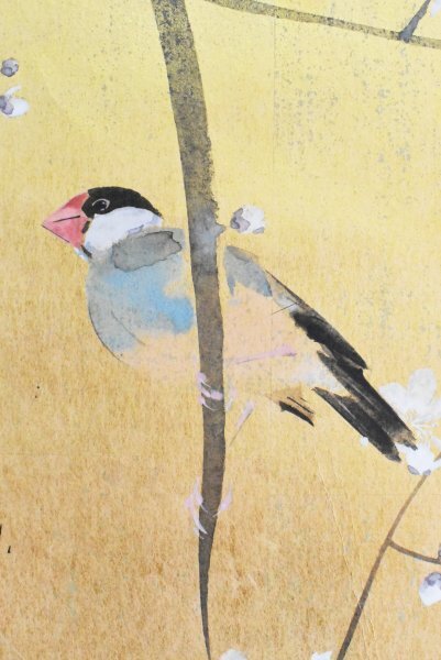 K4923 模写 川端龍子「梅に文鳥」 絹本 合箱 俳人 小禽 日本画 K4923 模写 川端龍子「梅に文鳥」 絹本 合箱 俳人 小禽 日本画