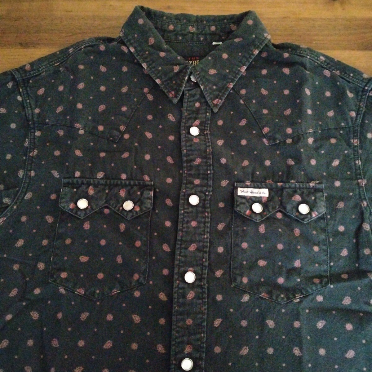 フラットヘッド FLAT HEAD 半袖シャツ 38 ブラック×レッド ウェスタン