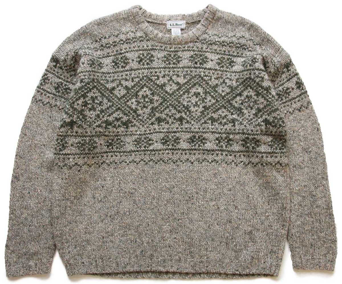 ★90s L.L.Bean 雪柄 ノルディック柄 ネップ入り ウール×レーヨンニット セーター グレー×ブラウン ミックス XL★オールド アウトドア
