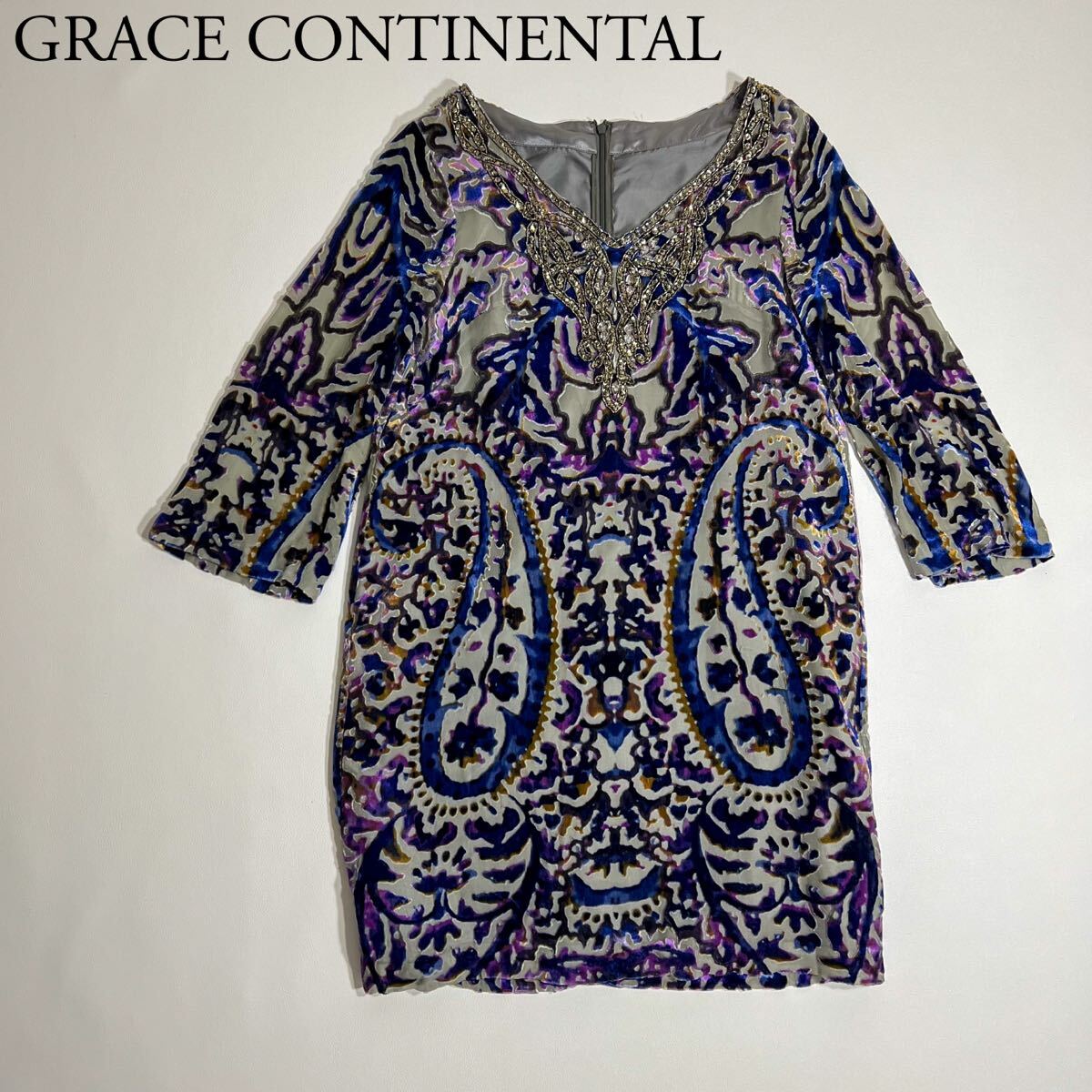 GRACE CONTINENTAL グレースコンチネンタル シルクワンピース 総シルク 膝丈ワンピース 総柄 長袖 ビジュー 38 レディース