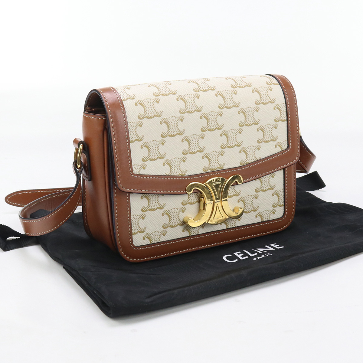  б/у хороший товар CELINE Celine плечо 18888 2BZ4 01BC чай n Trio mf сумка Trio mf парусина re