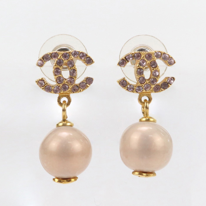 中古良品 CHANEL シャネル ピアス ラインストーン パール ピアス ココマーク レディース ゴールド