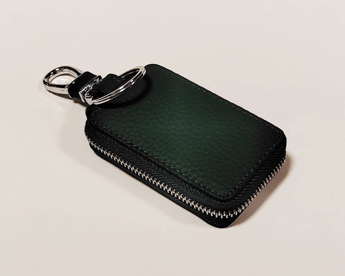 キーケース ★新品・未使用品　本革 レザー スマートキー キーホルダー 鍵 キーチェーン ダークグリーン　ラウンドファスナー