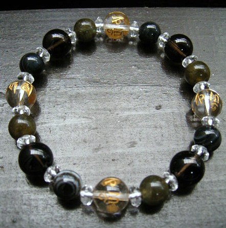 観音真言彫水晶x煙水晶x天眼石xラブラドライトブレスレット 天然石 パワーストーン_画像1