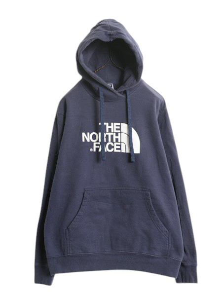 US企画 ノースフェイス プリント スウェット フード パーカー メンズ L 古着 The North Face プルオーバー トレーナー アウトドア ネイビー